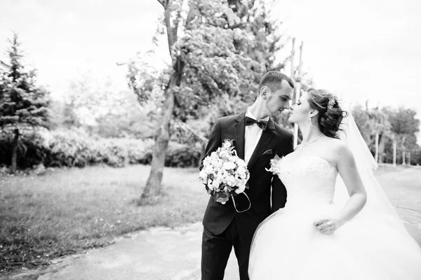Giovane bella e allegra coppia di nozze a piedi al parco — Foto Stock