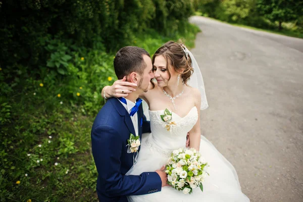 Young lovely and cheerfull wedding couple walking at the park — Stock Photo, Image