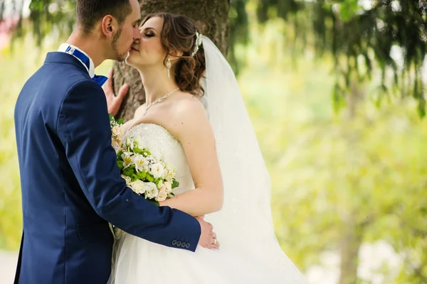 Young lovely and cheerfull wedding couple walking at the park — Stock Photo, Image