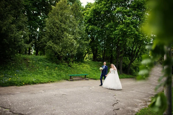Молодая милая и веселая свадебная пара прогуливается по парку — стоковое фото