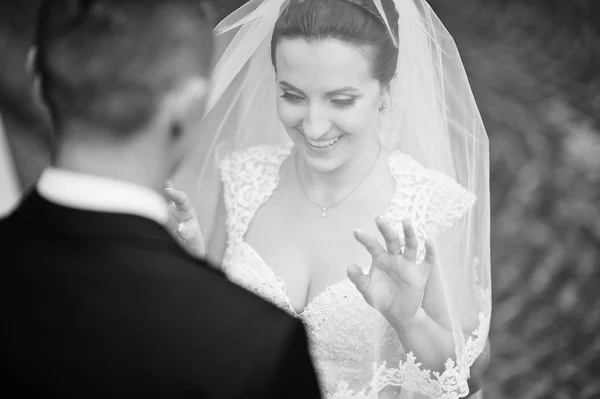 Carino sposa guardando dal velo — Foto Stock