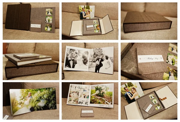 Libro de boda de terciopelo textil gris y marrón y álbum con pictur —  Fotos de Stock