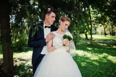 aşk Park'ta yürüyüş heyecan verici zarif Düğün çifti