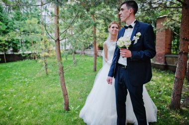 aşk Park'ta yürüyüş heyecan verici zarif Düğün çifti