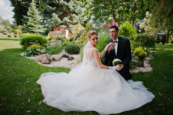 Exciting elegant wedding couple walking at park in love — Stock Photo, Image