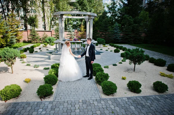 Просто одружений в коханні біля кам'яної любовної арки — стокове фото