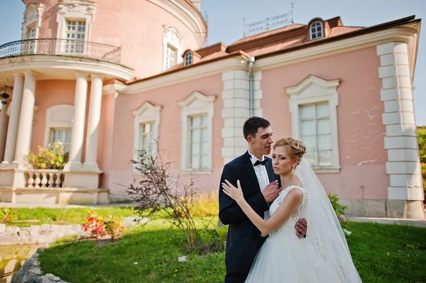 Groom and bride on the territory  exquisite castle — Stock Photo, Image