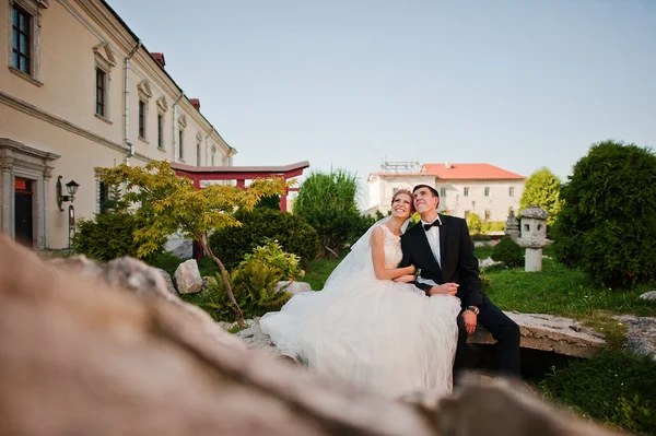 Bruid en bruidegom op het prachtige kasteel van grondgebied — Stockfoto
