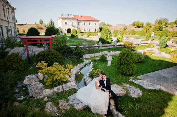 Γαμπρός και νύφη στο έδαφος εξαίσια κάστρο — Φωτογραφία Αρχείου