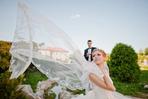 Groom and bride on the territory  exquisite castle — Stock Photo, Image