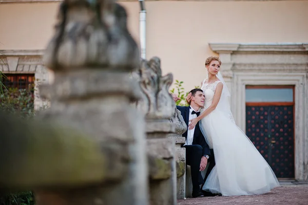 Groom and bride on the territory  exquisite castle — Stock Photo, Image