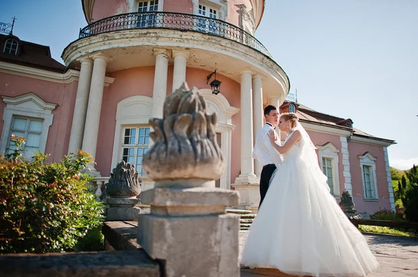 Sposo e sposa sul territorio squisito castello — Foto Stock