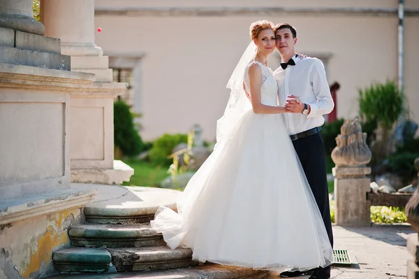 Ženich a nevěsta na území nádhernou hradní — Stock fotografie