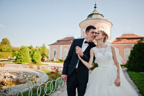 Groom and bride on the territory  exquisite castle — Stock Photo, Image