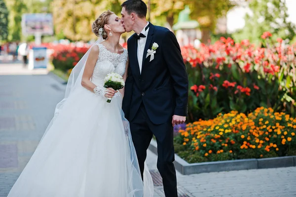 Couple de mariage amoureux dans les rues de la soirée Lviv, Ukraine — Photo