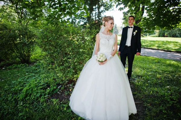 Захватывающая элегантная свадебная пара, гуляющая в парке в любви — стоковое фото