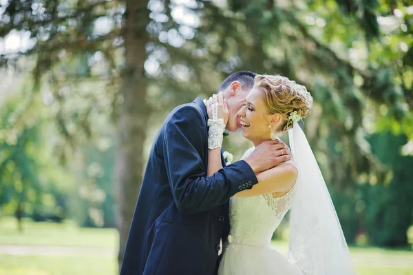 Exciting elegant wedding couple walking at park in love — Stock Photo, Image