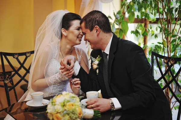 Happy and smiled newlyweds sitting at a table in a cafe — Stock Photo, Image