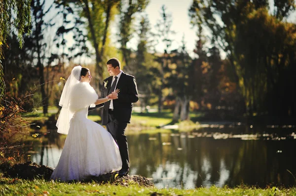 優雅な新婚夫婦は、秋の湖を背景します。 — ストック写真