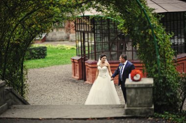 Düğün çift arka plan yeşil kemer bitki