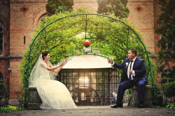 Casamento casal fundo verde arco de planta. Buquê no ar — Fotografia de Stock