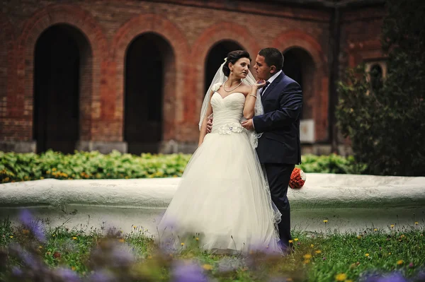 Newlyweds background  old brick architecture house and tower — Stock Photo, Image