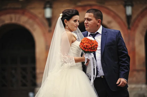 Recién casados fondo antiguo ladrillo arquitectura casa y torre — Foto de Stock