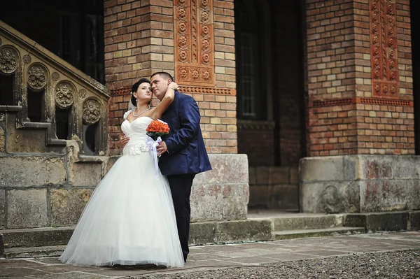 Newlyweds background  old brick architecture house and tower — Stock Photo, Image