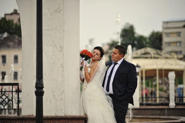 ちょうど結婚されていたカップル背景噴水 — ストック写真