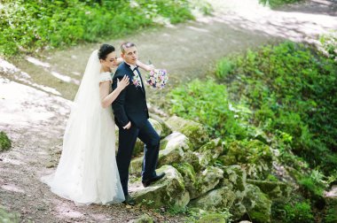 Düzülmüş evlilik çift taş yeşil güneşli ormanda