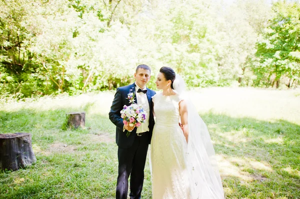 Gorgeus casamento casal na floresta ensolarada verde — Fotografia de Stock