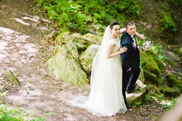 Gorgeus bröllopsparet på gröna soliga skogen på stenar — Stockfoto