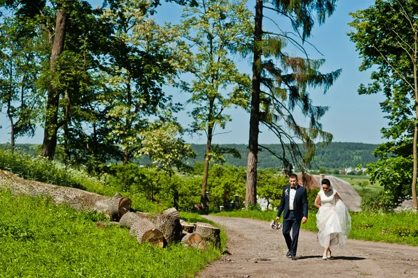 Απόλαύσουν γαμήλιο ζεύγος στο καταπράσινο δάσος ηλιόλουστη — Φωτογραφία Αρχείου