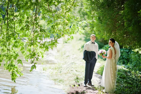 Gorgeus pareja de boda en verde bosque soleado — Foto de Stock