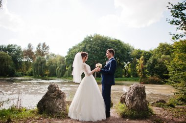 iki taş ve Gölü yakınında park Çifte düğün