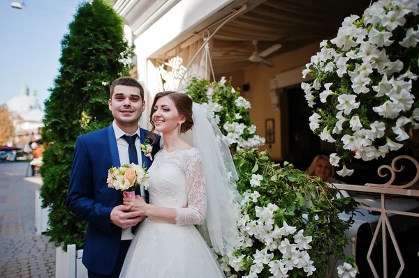 Recém-casados fundo flores brancas — Fotografia de Stock