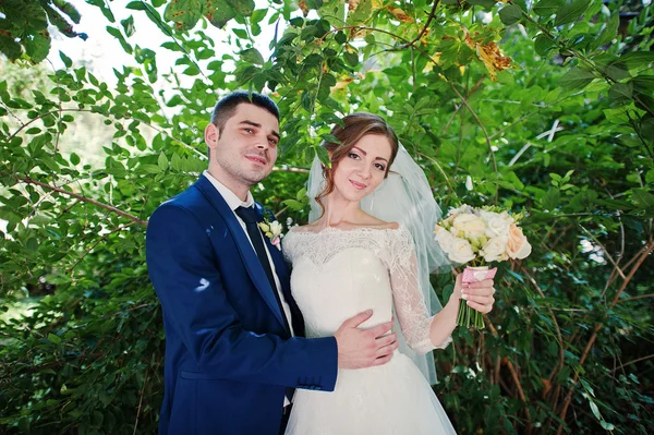 Doux jeunes mariés au parc vert — Photo