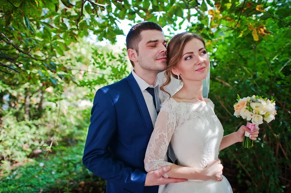 Gentle newlyweds at the green park — Stock Photo, Image