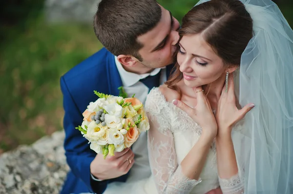 Pareja de boda en el parque cerca de dos piedras y el lago —  Fotos de Stock