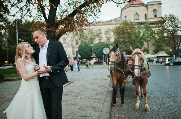 Γαμήλιο ζεύγος περπάτημα στους δρόμους της πόλης άλογο φόντο — Φωτογραφία Αρχείου