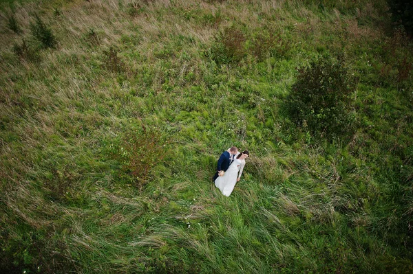 Просто одружений на траві, вид з висоти — стокове фото