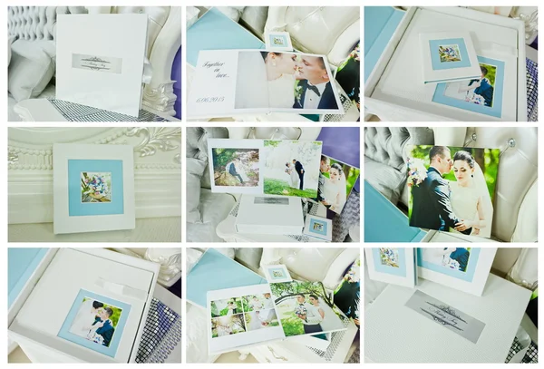 Livre photo de mariage paspartu blanc et bleu et album — Photo