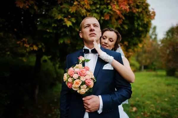 結婚式のカップルの背景黄色の木は秋の公園で — ストック写真