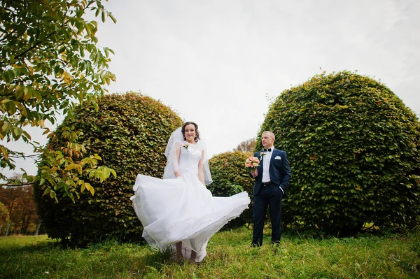 Casamento casal escovas de fundo no parque de outono — Fotografia de Stock