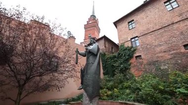 Tarnow, Polonya - 10 Ekim 2025: Tarnow, Polonya 'da geleneksel Avrupa mimarisinin bir zeminine karşı duran tarihi bir heykel.