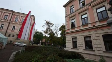 Tarnow, Polonya - 10 Ekim 2025: Tarihi şehir mimarisi ve ulusal bayraklar güzel Tarnow, Polonya sokaklarını bulutlu bir gökyüzü altında süslüyor.