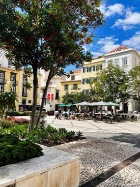 Madeira, Portekiz - 28 Eylül 2025: Funchal, Madeira, Portekiz 'de restoranları, yeşillikleri ve büyüleyici mimarisi olan bir plazada açık hava kafe sahnesi.