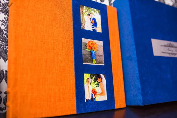 Blue and orange textile wedding photo book and album — Stock Photo, Image