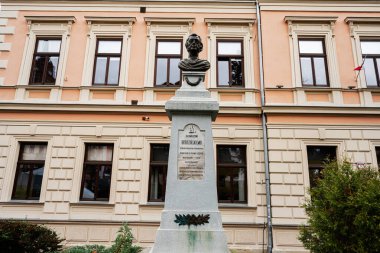 Tarnow, Polonya - 10 Ekim 2025: Tarnow, Polonya 'daki şeftali tarihi bir bina önünde Kazimierz Brodzinski kaidesinin tepesinde sanat ve mirası sergilemek.