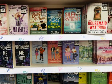 Manchester, İngiltere - 26 Eylül 2025: Hannah Grace Icebreak ve Becka Mack tarafından yoğun bir kitapçıda romantizm ve kurgu başlıkları.